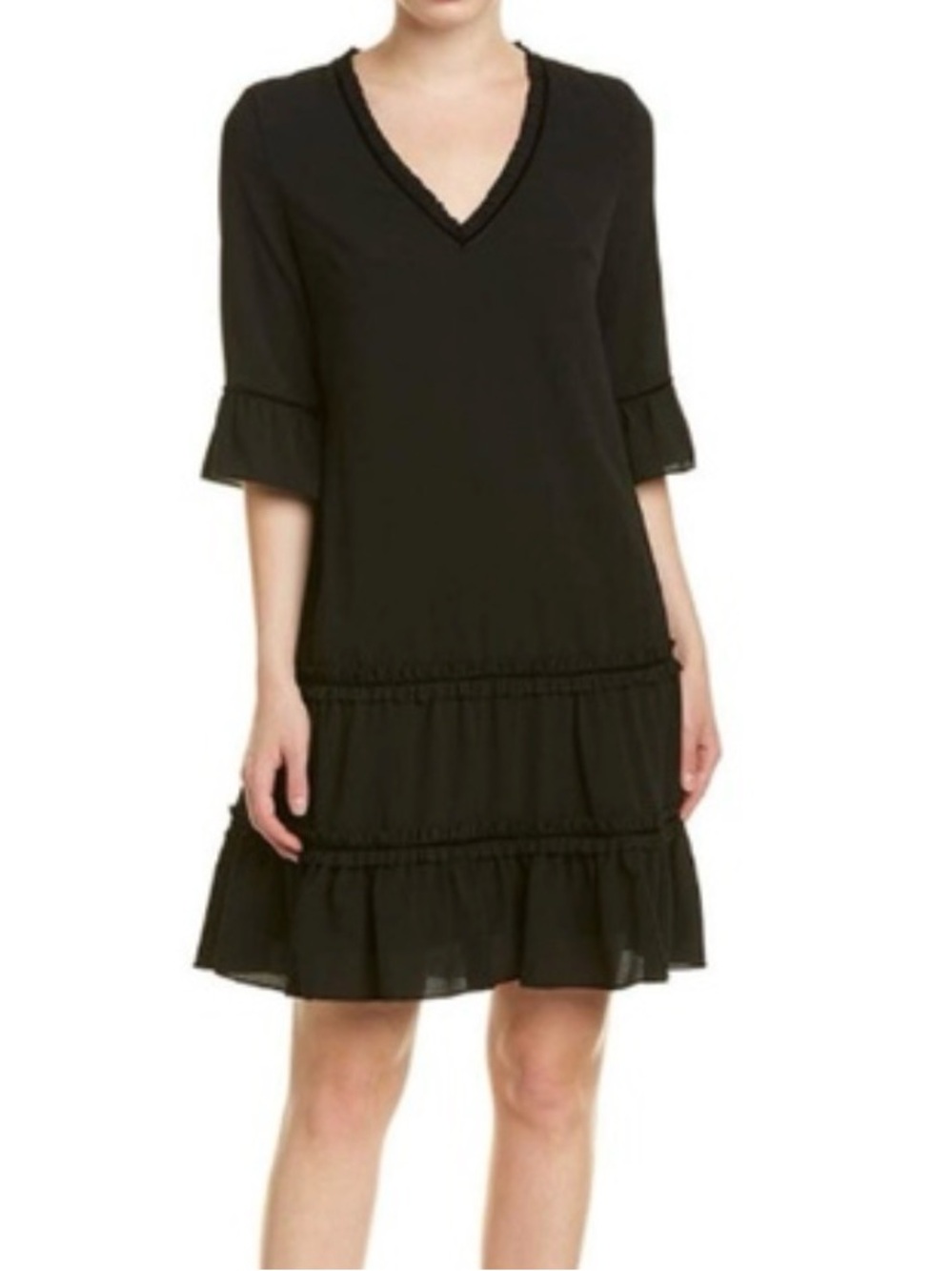 Adrianna Papell Black V-Neck Ruffle Tiered Mini Dress